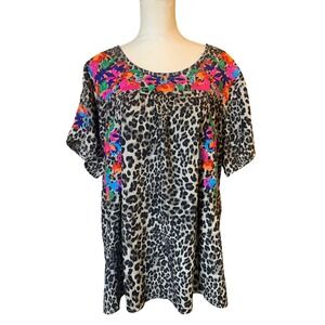 See n Be Seen + Leopard Print Floral Embroidered Blouse Womens 3X Boho Top